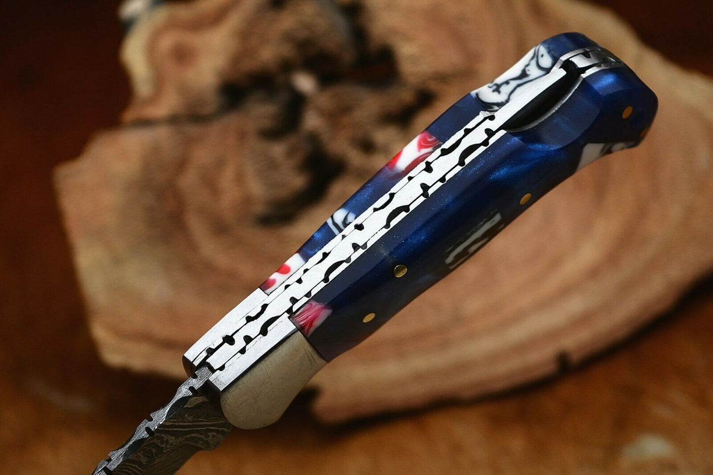 KBS Knives Damascus Handmade Custom Folding Pocket Knife with Epoxy Resin and Steel Bolster Handle, 3-inch Blade Length