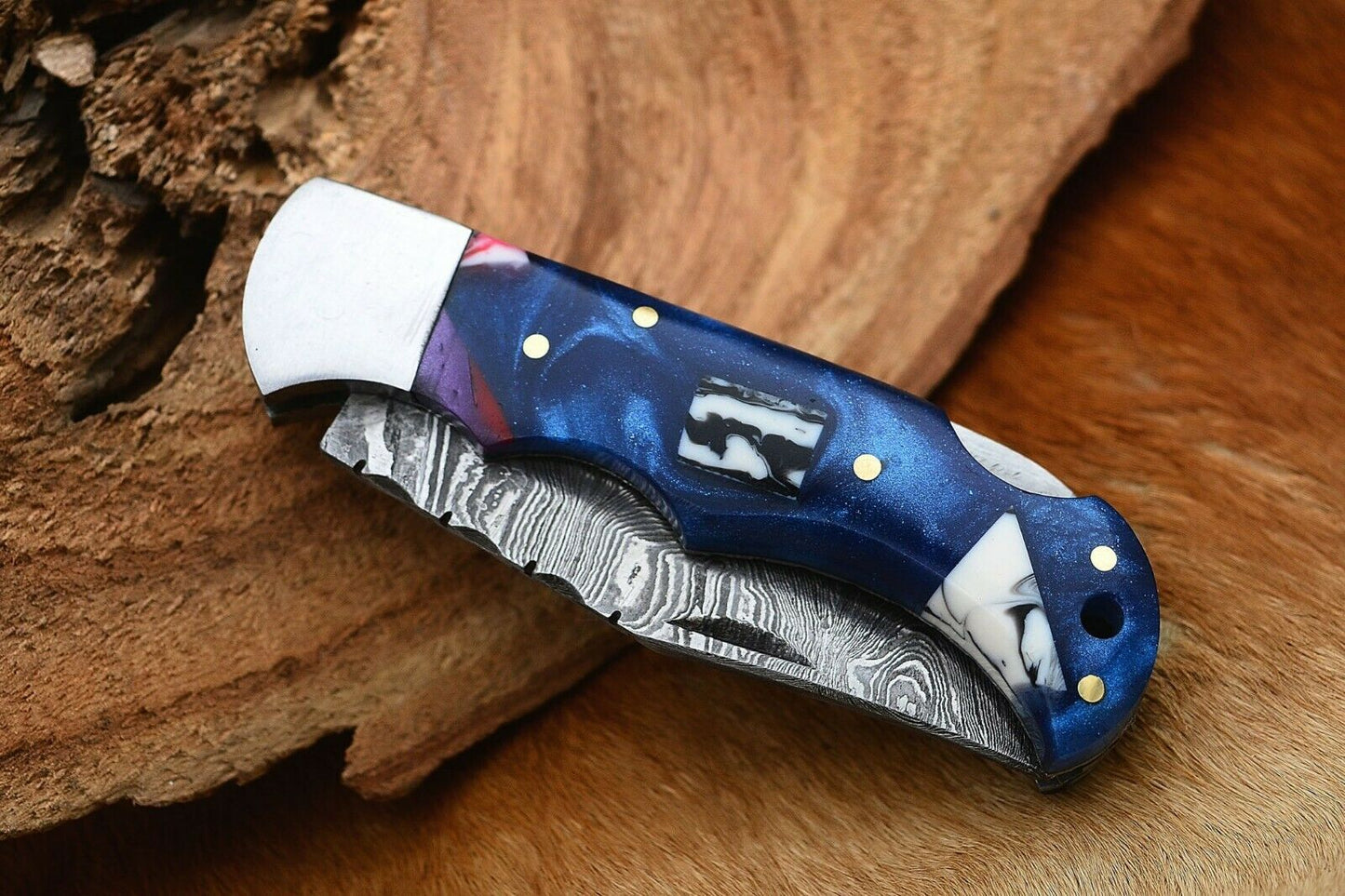 KBS Knives Damascus Handmade Custom Folding Pocket Knife with Epoxy Resin and Steel Bolster Handle, 3-inch Blade Length