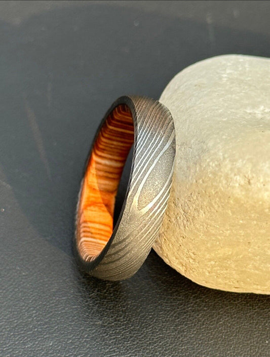 KBS Knives Everlasting Unity Damascus Steel Eternal Commitment Ring with Wood Inlay by KBS Knives Store