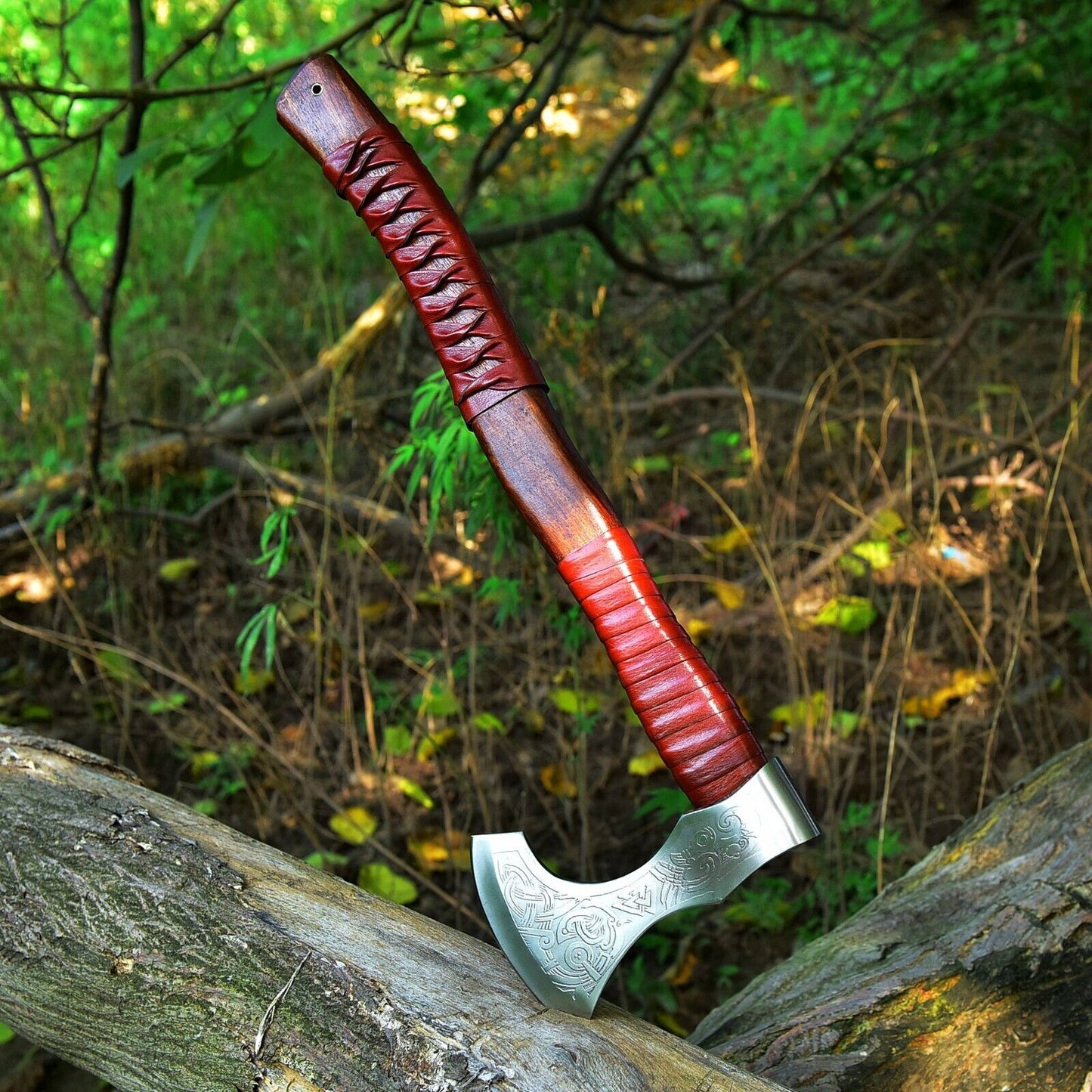 KBS Knives Custom Handmade Hand Engraved High Carbon Steel Viking Tomahawk Axe with Rosewood Handle and Leather Wrap by KBS Knives Store