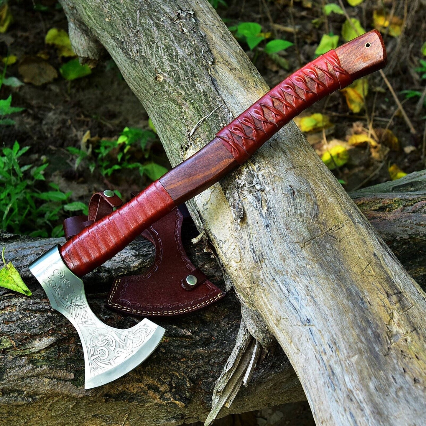 KBS Knives Custom Handmade Hand Engraved High Carbon Steel Viking Tomahawk Axe with Rosewood Handle and Leather Wrap by KBS Knives Store