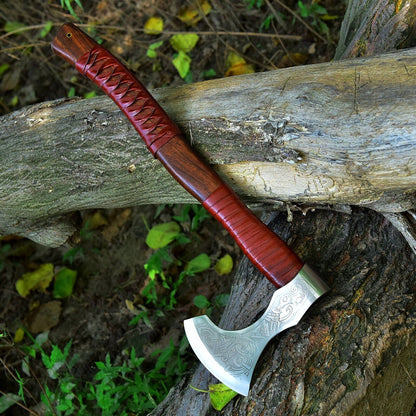 KBS Knives Custom Handmade Hand Engraved High Carbon Steel Viking Tomahawk Axe with Rosewood Handle and Leather Wrap by KBS Knives Store