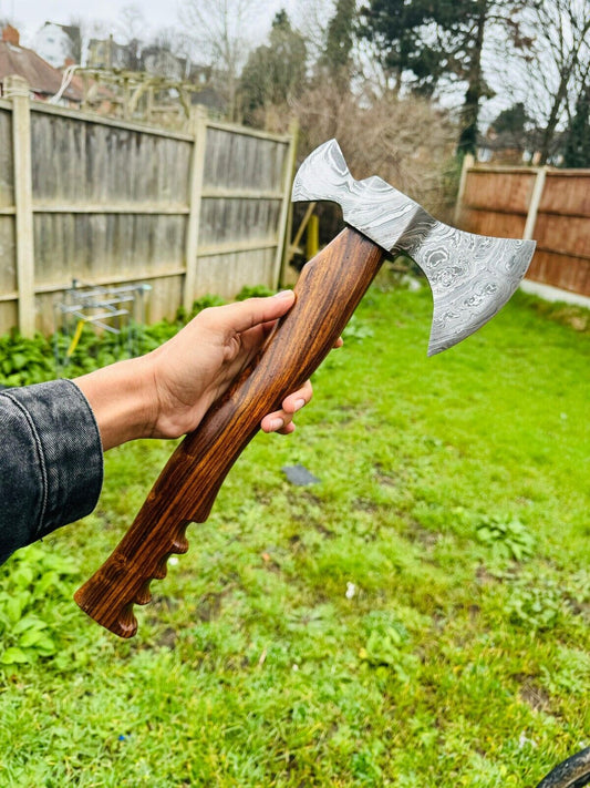 KBS Knives Tomahawk Axe For Sale with Custom Handmade Forged Damascus Steel Blade – "Rosewood Valor"