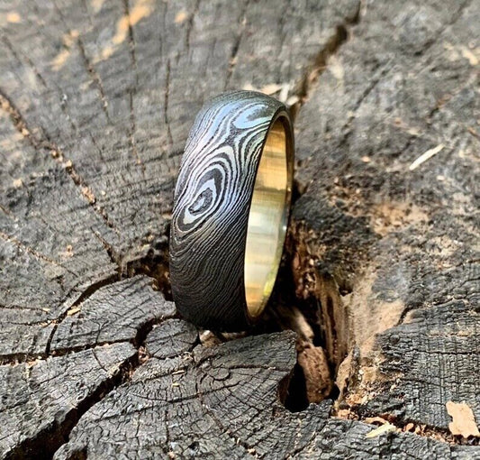 Custom KBS Knives Damascus Steel Anniversary Ring with Brass Inlay