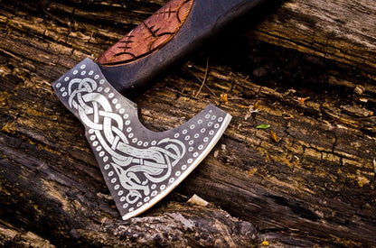 KBS Knives Handcrafted Battle Axe with Engraved 1095 Steel Blade and Hand Engraved Rosewood Handle – KBS Knives Store