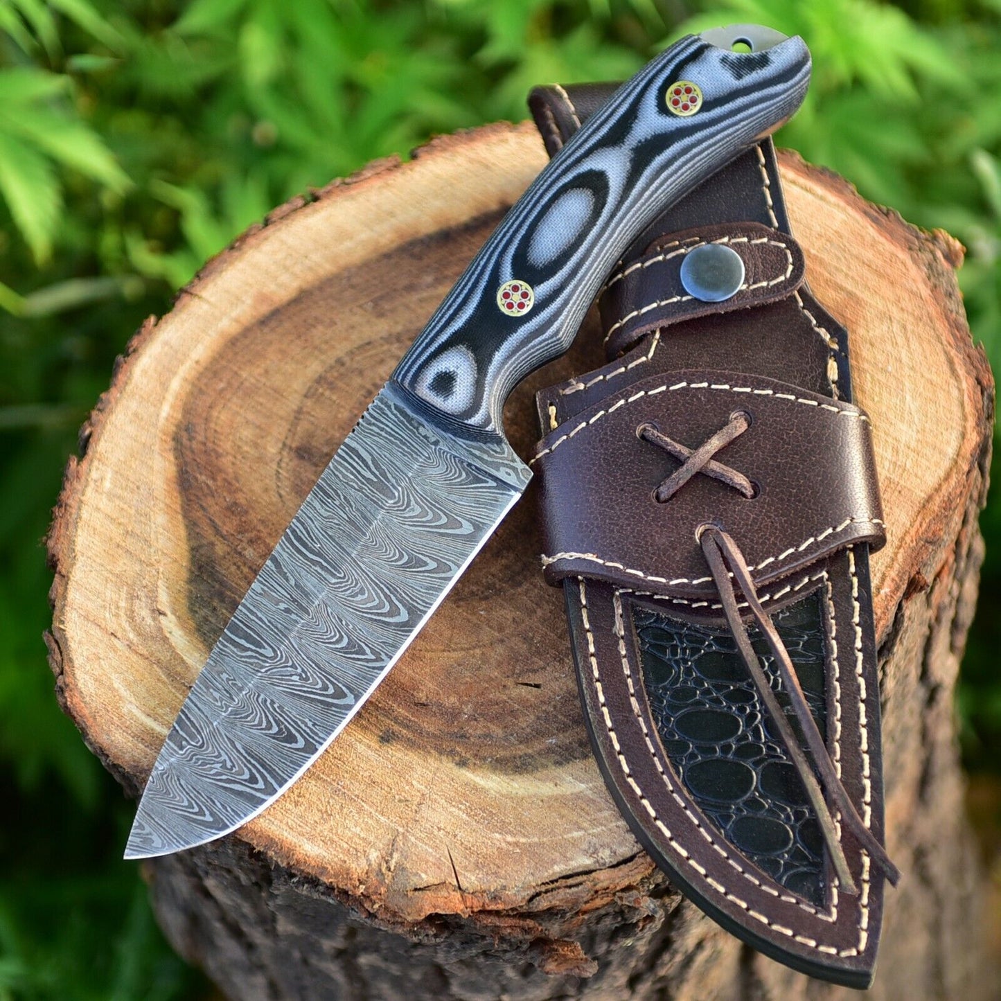 KBS Knives Wilderness Guardian: Hunting Knife with Twist Damascus Steel Blade, Micarta G10 Handle, and Leather Sheath