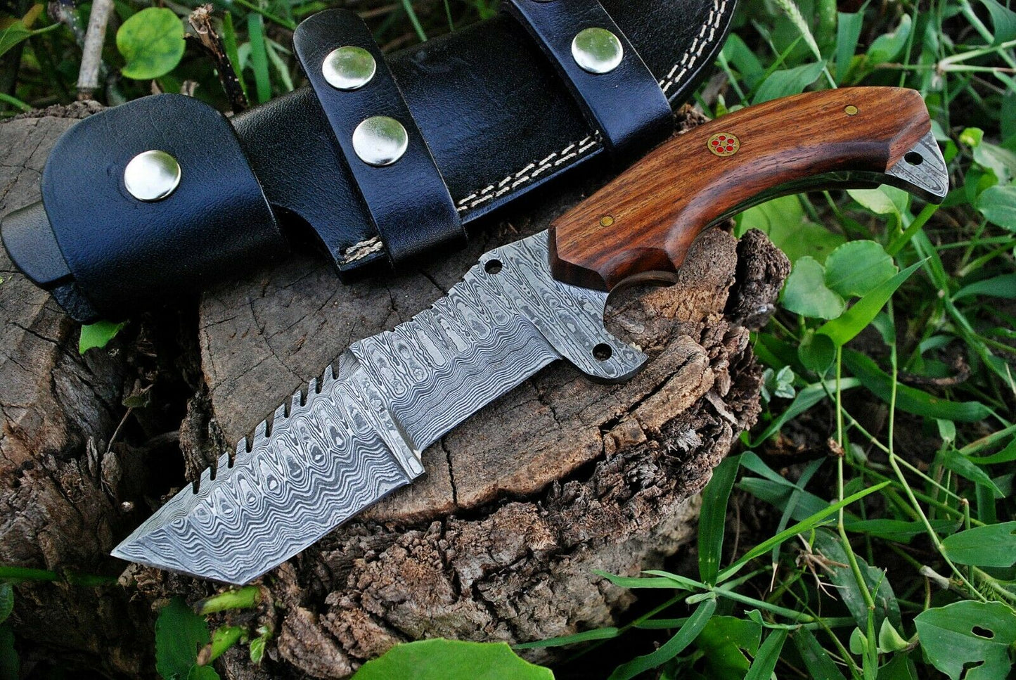 KBS Knives Custom Handmade Damascus Tanto Tracker Knife with Rosewood Handle - 10 inches Overall Length, Serrated Top Blade