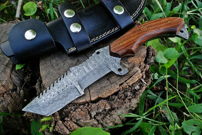 KBS Knives Custom Handmade Damascus Tanto Tracker Knife with Rosewood Handle - 10 inches Overall Length, Serrated Top Blade