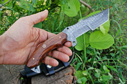KBS Knives Custom Handmade Damascus Tanto Tracker Knife with Rosewood Handle - 10 inches Overall Length, Serrated Top Blade