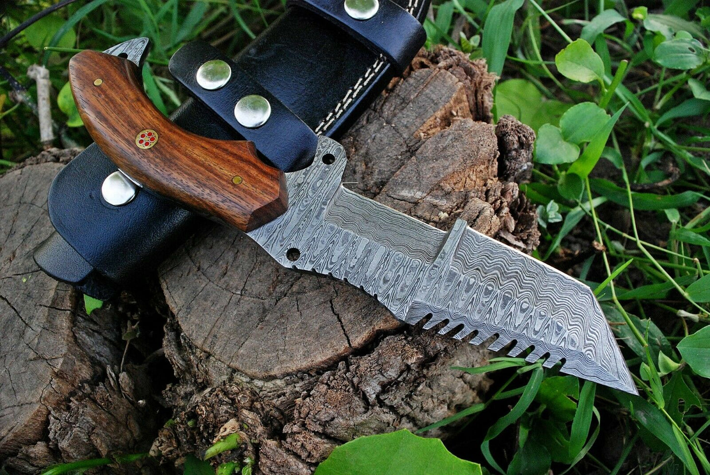 KBS Knives Custom Handmade Damascus Tanto Tracker Knife with Rosewood Handle - 10 inches Overall Length, Serrated Top Blade