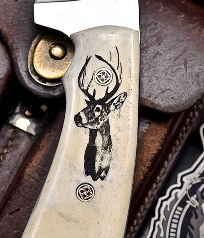 Texan Knives Custom Handmade J2 Steel Skinning Knife – 4.5" Blade, Engraved Camel Bone Handle