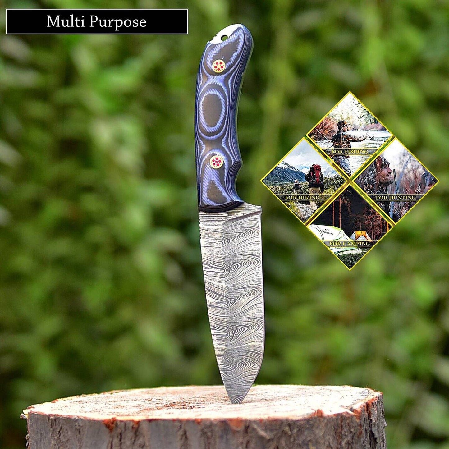 KBS Knives Wilderness Guardian: Hunting Knife with Twist Damascus Steel Blade, Micarta G10 Handle, and Leather Sheath