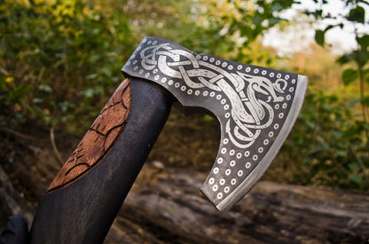 KBS Knives Handcrafted Battle Axe with Engraved 1095 Steel Blade and Hand Engraved Rosewood Handle – KBS Knives Store