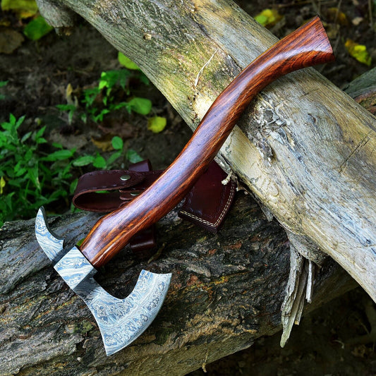 KBS Knives Tomahawk Axe with Custom Handmade Forged Damascus Steel Blade – "Rosewood Warrior"
