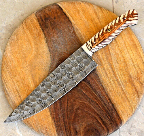 KBS Knives Artisan’s Choice: Custom Handmade Chef’s Knife with Damascus Steel Blade and Epoxy Pine-cone Handle, 13-Inch with Leather Sheath