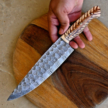 KBS Knives Artisan’s Choice: Custom Handmade Chef’s Knife with Damascus Steel Blade and Epoxy Pine-cone Handle, 13-Inch with Leather Sheath