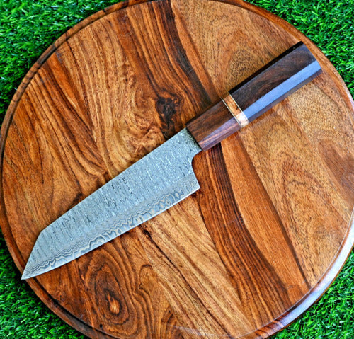 KBS Knives Artisan Edge: Custom Handmade Santoku Knife with Damascus Steel Blade, Rosewood Handle, and Leather Roll