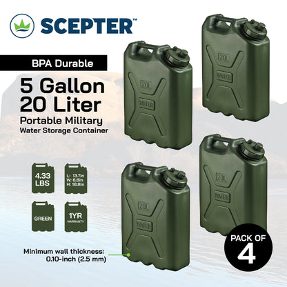 Scepter BPA Durable 5 Gallon 20 Liter Portable Water Storage Container (4 Pack) - Angler's Pro Tackle & Outdoors