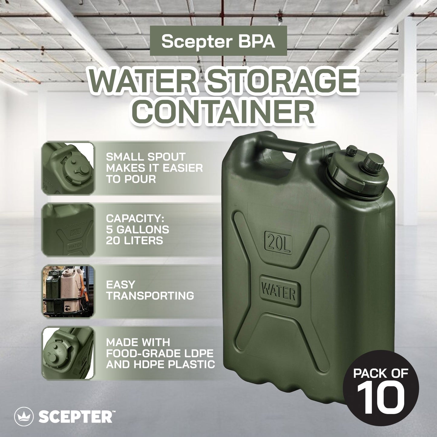 Scepter BPA Durable 5 Gallon 20 Liter Portable Water Storage Container, Green - Angler's Pro Tackle & Outdoors