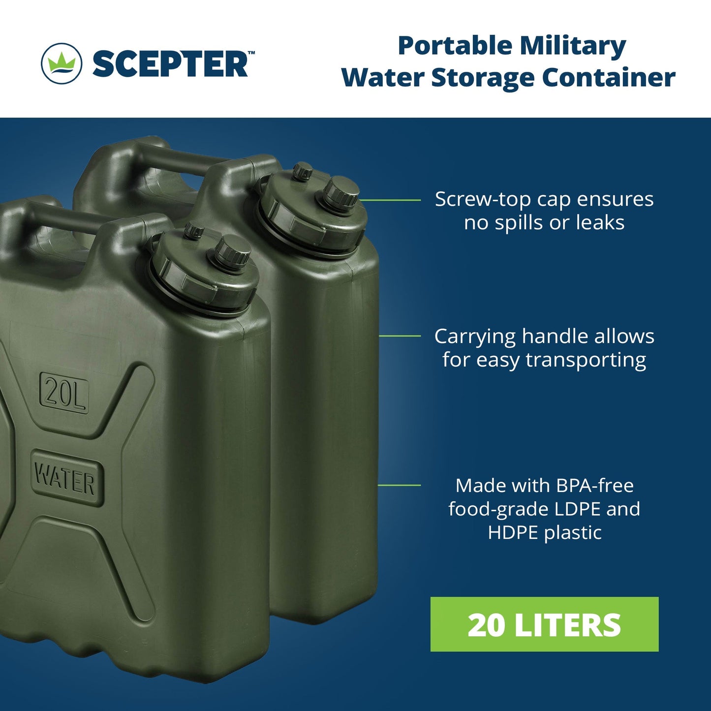 Scepter BPA Durable 5 Gallon Portable Water Storage Container, Green (2 Pack) - Angler's Pro Tackle & Outdoors