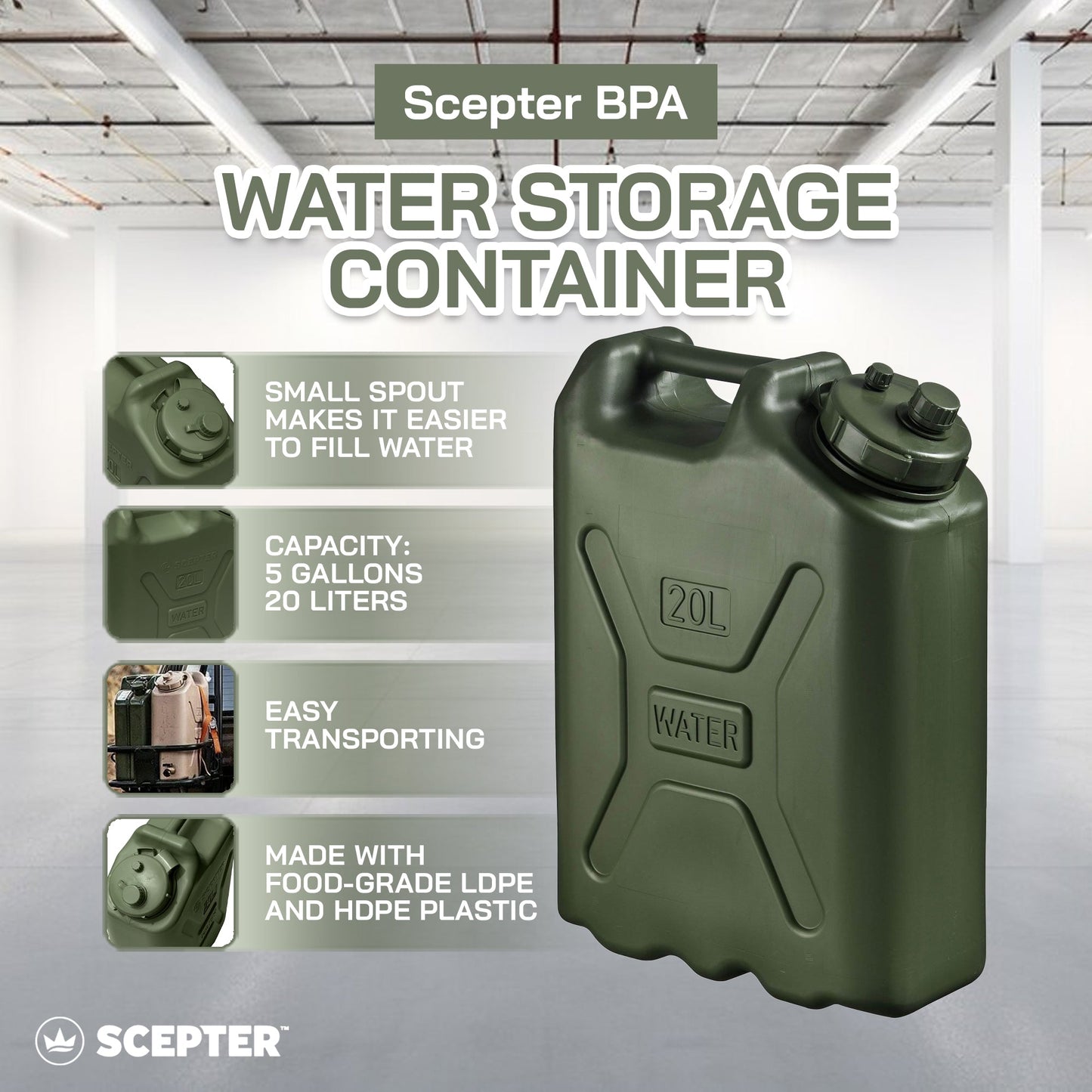 Scepter BPA Durable 5 Gallon Portable Water Storage Container, Green (3 Pack) - Angler's Pro Tackle & Outdoors