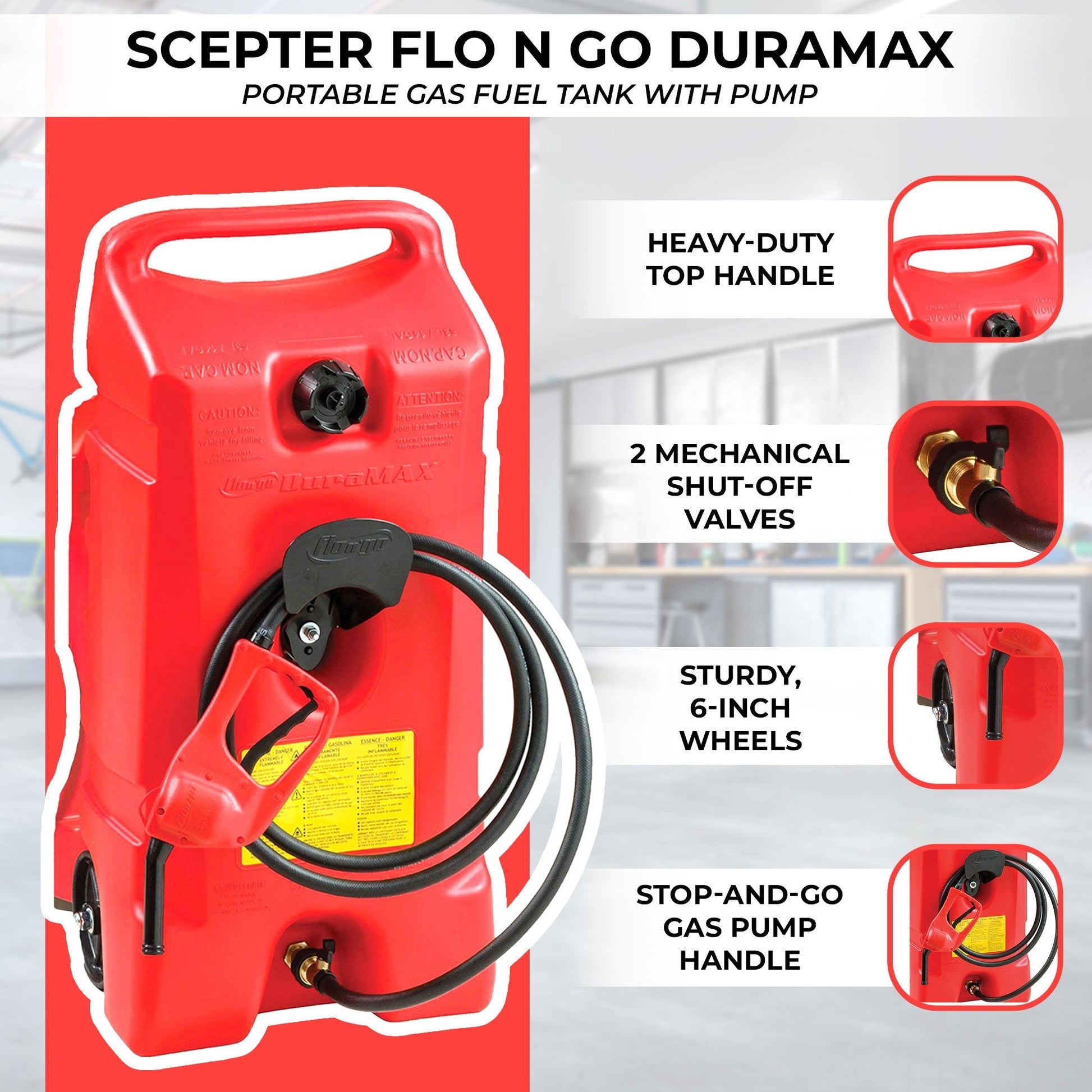 Scepter Flo N Go DuraMax 14 Gallon Portable Gas Fuel Tank with Pump, 4 Pack, Red - Angler's Pro Tackle & Outdoors