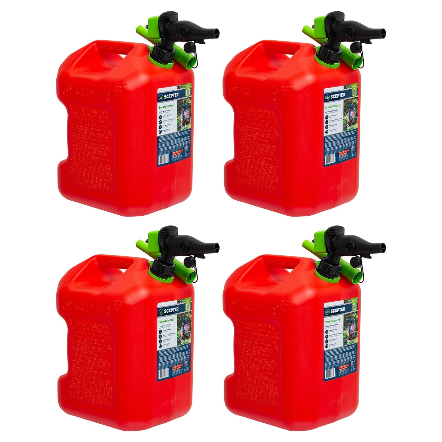 Scepter SmartControl Dual Handle 5 Gal Gasoline Can Jug with Funnel, 4 Pack, Red - Angler's Pro Tackle & Outdoors