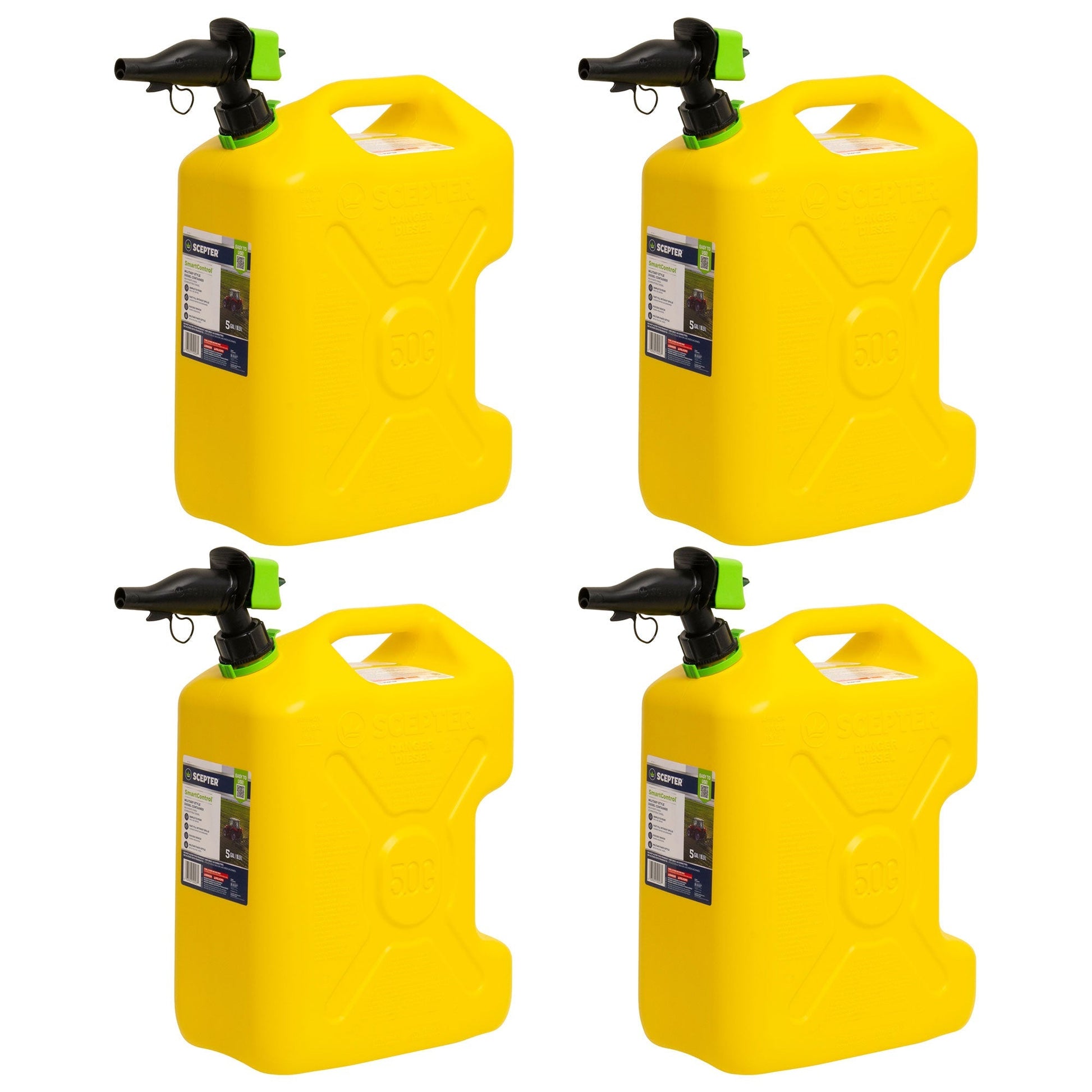 Scepter SmartControl Dual Handle Diesel Gas Container Jug, 5 Gal, 4 Pack, Yellow - Angler's Pro Tackle & Outdoors