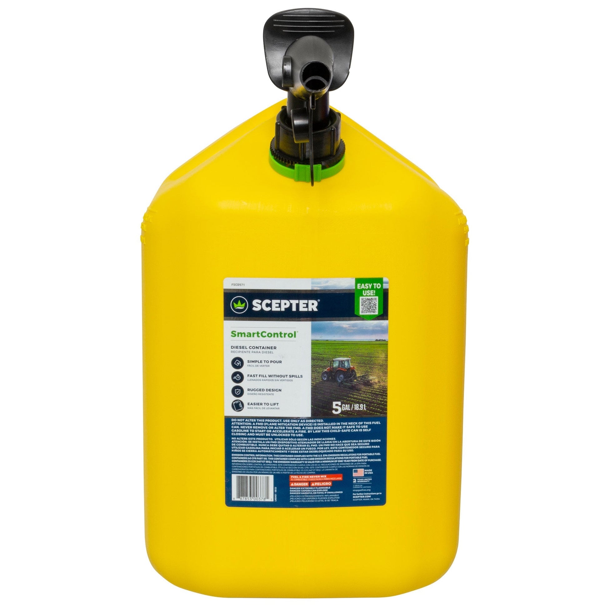 Scepter SmartControl Rear Handle Diesel Gas Jug, 5 Gal/18.9L, 2 Pack, Yellow - Angler's Pro Tackle & Outdoors