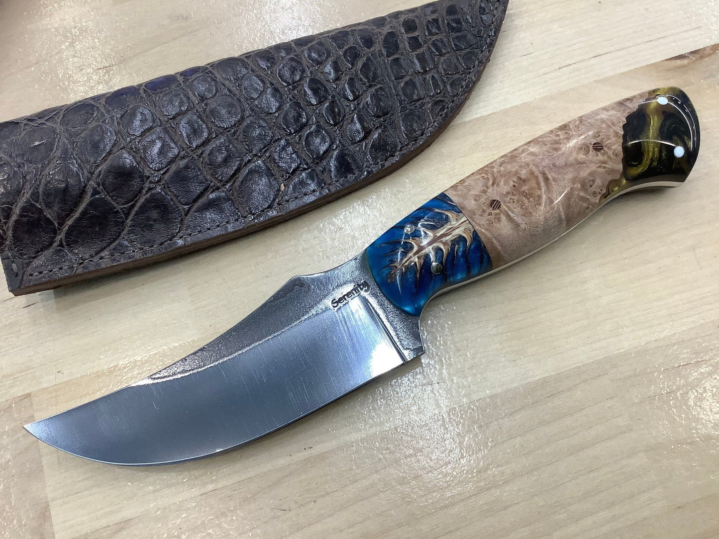 Serenity Knives Houston - Skinner Knife in CPM154 Blue Pinecone Bolster with AAO Maple & Resin Hybrid Handle - Angler's Pro Tackle & Outdoors