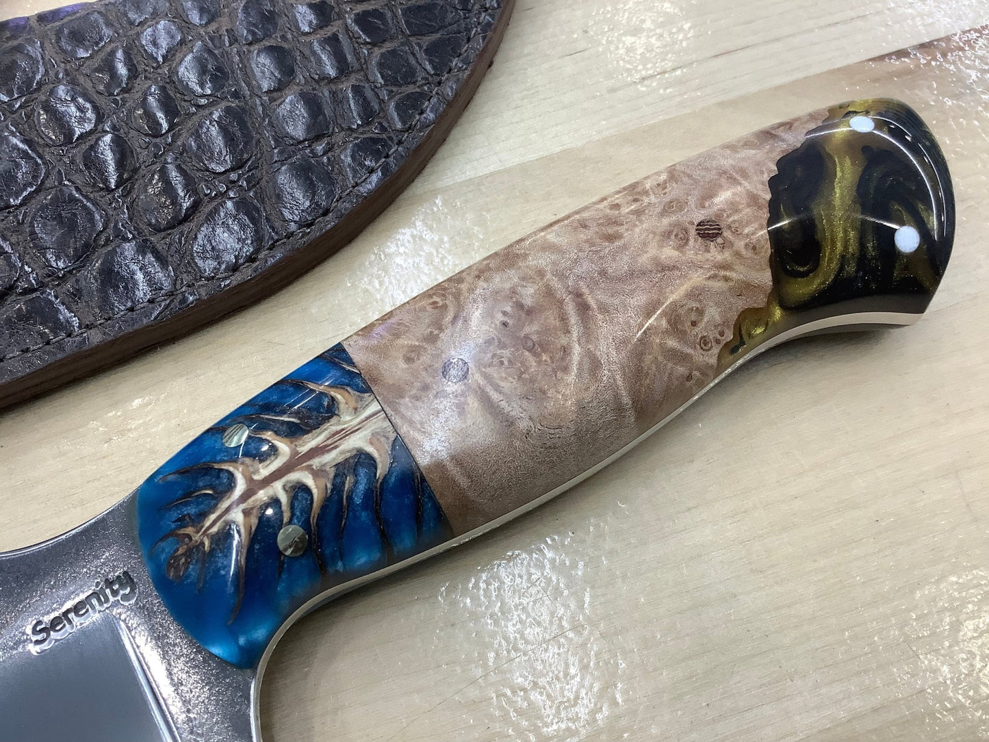 Serenity Knives Houston - Skinner Knife in CPM154 Blue Pinecone Bolster with AAO Maple & Resin Hybrid Handle - Angler's Pro Tackle & Outdoors