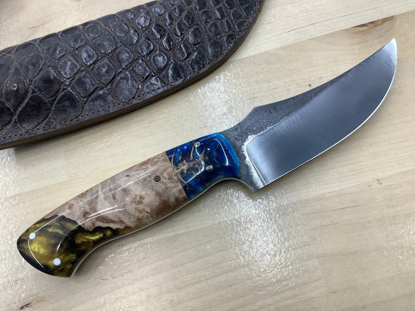 Serenity Knives Houston - Skinner Knife in CPM154 Blue Pinecone Bolster with AAO Maple & Resin Hybrid Handle - Angler's Pro Tackle & Outdoors