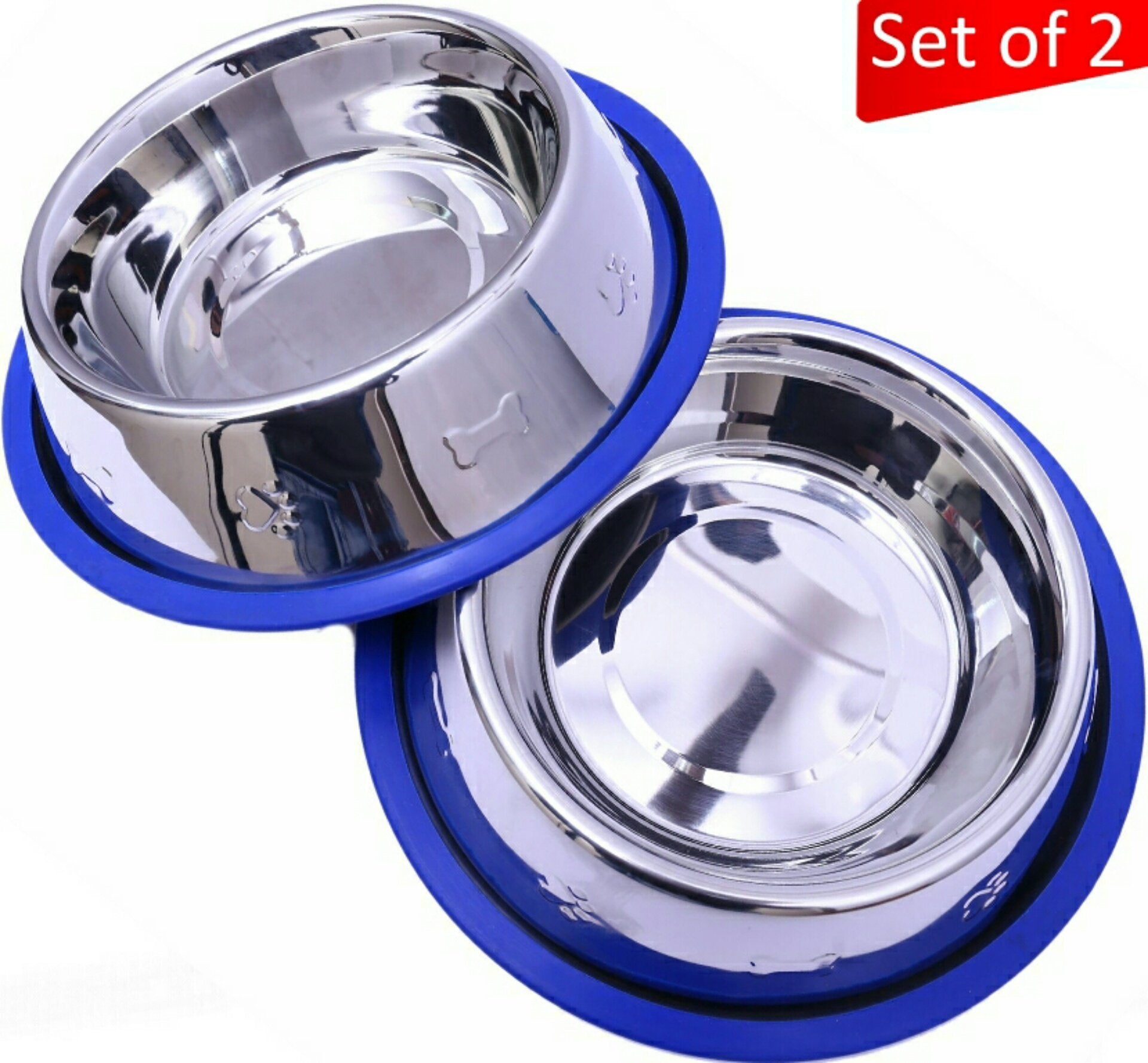 Set of 2 Etched Stainless Steel Dog Bowls with Blue Silicone Base - Angler's Pro Tackle & Outdoors