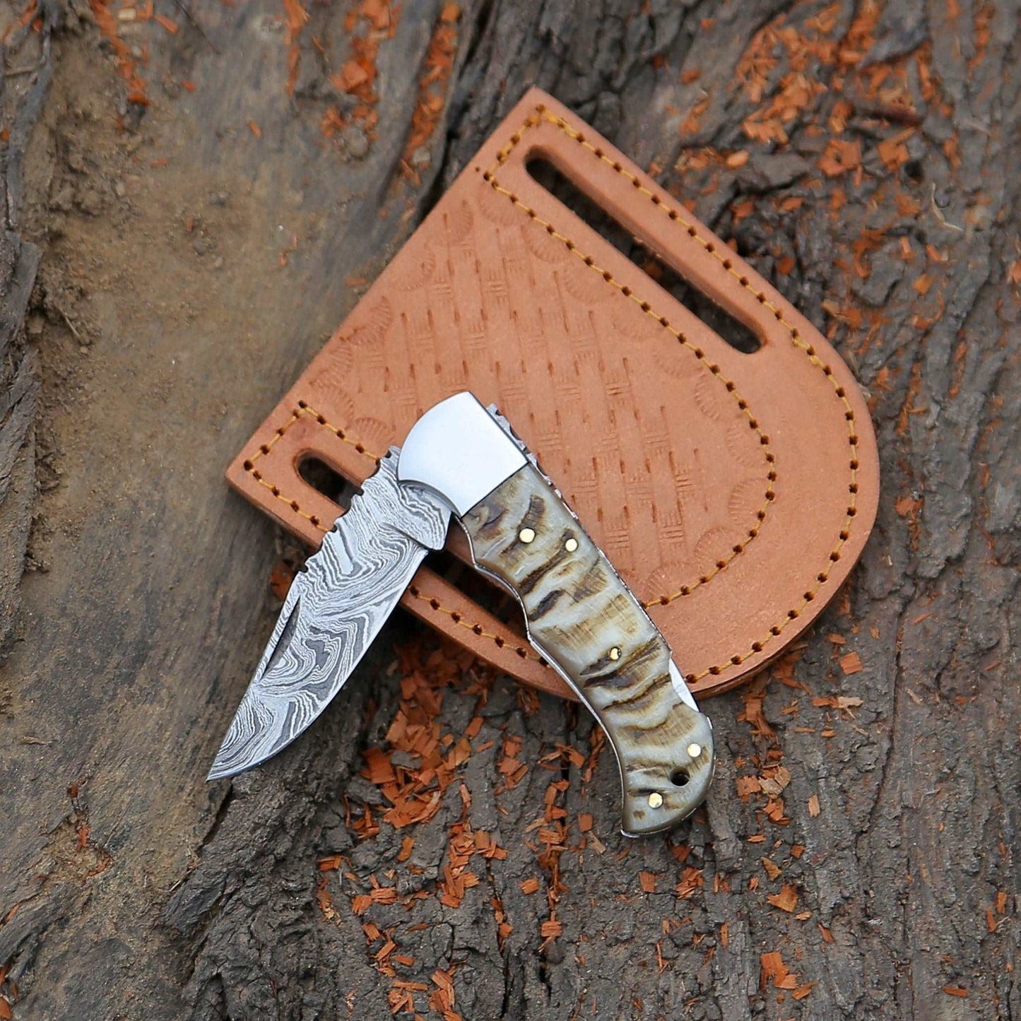 Shokunin USA Damascus Pocket Knife with Exotic Ram Horn Handle & Leather Sheath - Angler's Pro Tackle & Outdoors