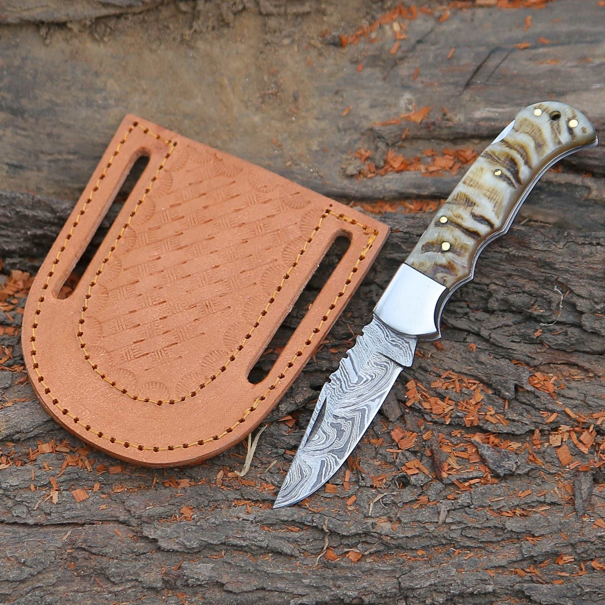 Shokunin USA Damascus Pocket Knife with Exotic Ram Horn Handle & Leather Sheath - Angler's Pro Tackle & Outdoors