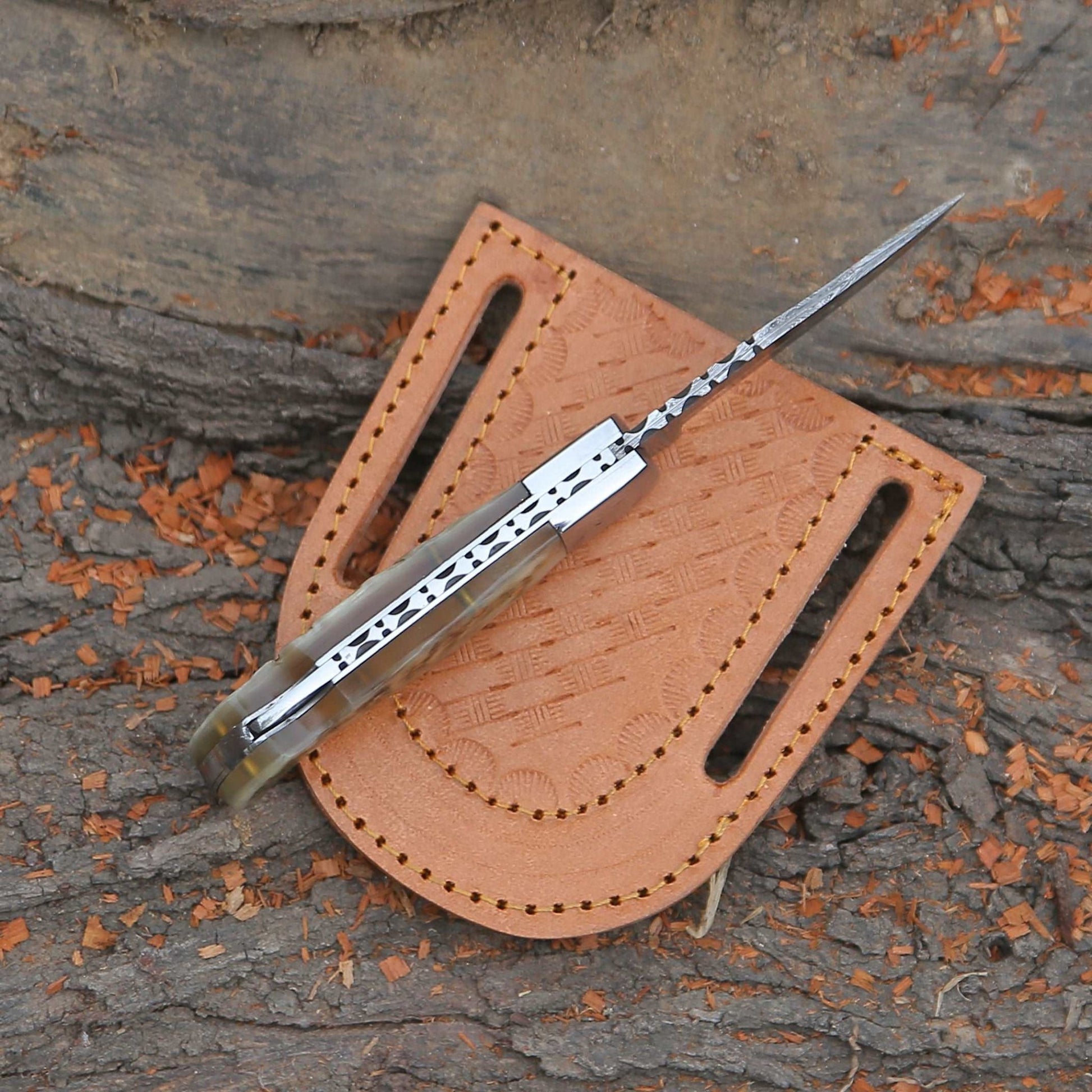 Shokunin USA Damascus Pocket Knife with Exotic Ram Horn Handle & Leather Sheath - Angler's Pro Tackle & Outdoors