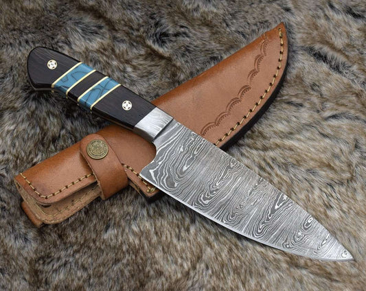 Shokunin USA Epicurian Damascus Chef Knife with Exotic Wenge Wood & Turquoise Handle - Angler's Pro Tackle & Outdoors