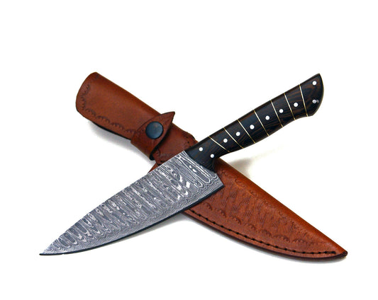 Shokunin USA Noble 6" Damascus Chef Knife with Exotic Wenge Wood Handle & Leather Sheath - Angler's Pro Tackle & Outdoors