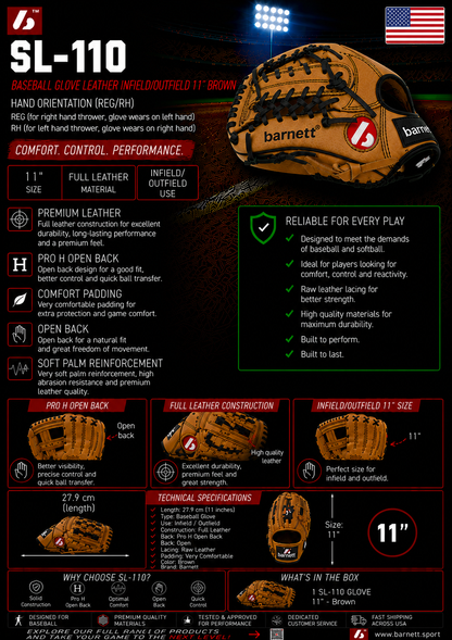 Barnett SL-110 Baseball gloves in leather infield/outfield size 11, Brown