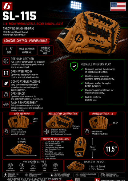 Barnett SL-115 Baseball gloves in leather infield/outfield size 11.5, Brown