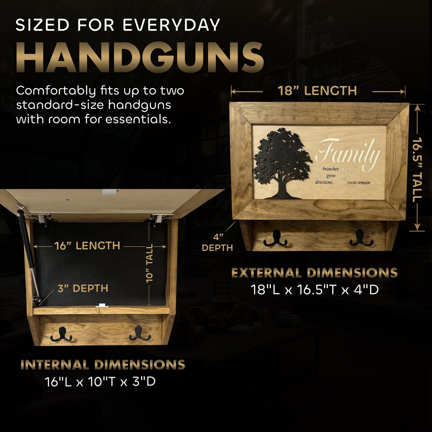 Bellewood Designs - Family Tree Gun Safe Coat Rack - Handcrafted Wooden Gun Cabinets - Gun Shelf Hidden Storage for Rifles, Shotguns, & Handguns - Quick Access Hidden Wall Safe