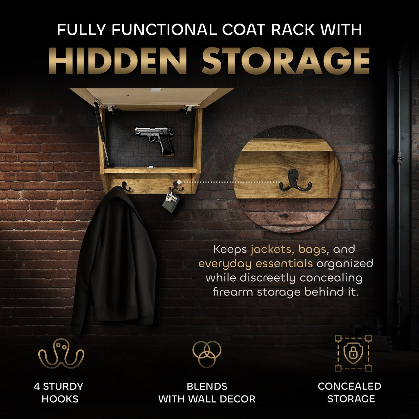 Bellewood Designs - Family Tree Gun Safe Coat Rack - Handcrafted Wooden Gun Cabinets - Gun Shelf Hidden Storage for Rifles, Shotguns, & Handguns - Quick Access Hidden Wall Safe