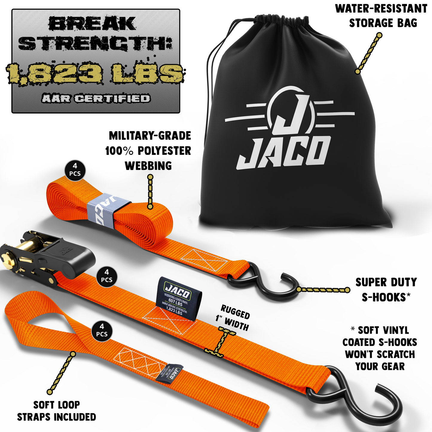 Jaco Tie Down Ratchet Straps (4 Pack) - 1 in x 15 ft | AAR Certified Break Strength (1,823 lbs) | Cargo Tie Down Set