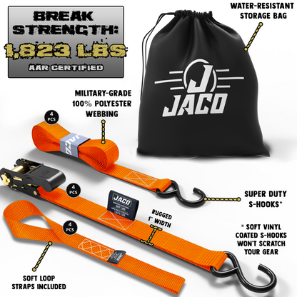 Jaco Tie Down Ratchet Straps (4 Pack) - 1 in x 15 ft | AAR Certified Break Strength (1,823 lbs) | Cargo Tie Down Set