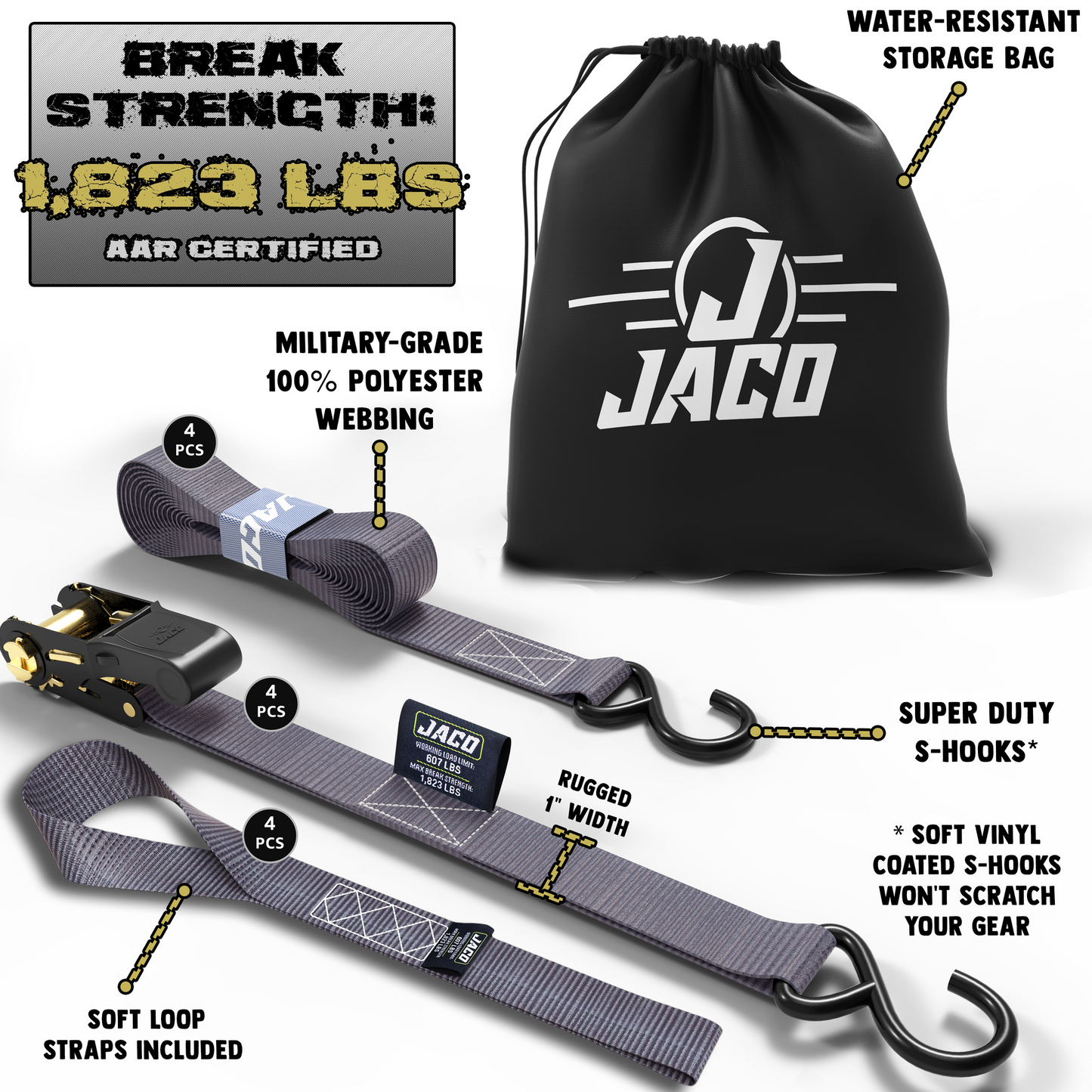 Jaco Tie Down Ratchet Straps (4 Pack) - 1 in x 15 ft | AAR Certified Break Strength (1,823 lbs) | Cargo Tie Down Set