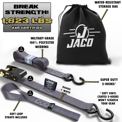 Jaco Tie Down Ratchet Straps (4 Pack) - 1 in x 15 ft | AAR Certified Break Strength (1,823 lbs) | Cargo Tie Down Set