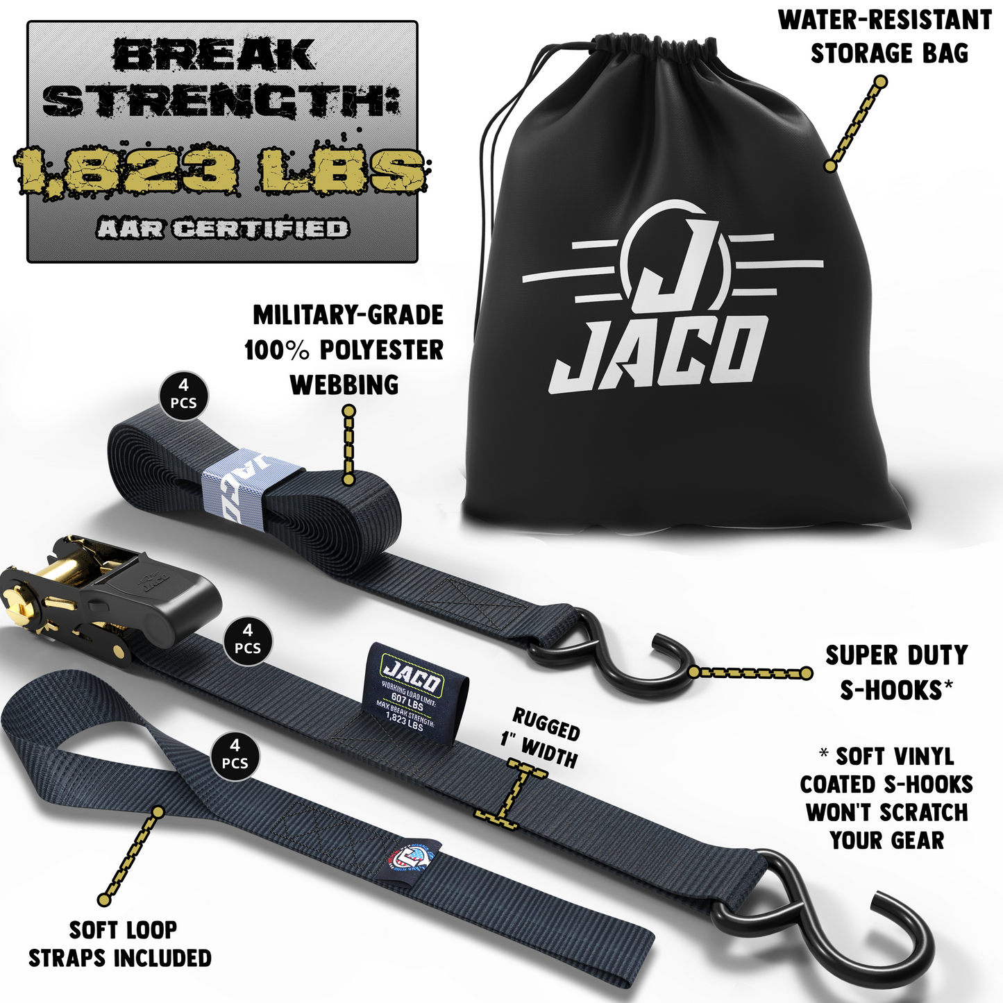 Jaco Tie Down Ratchet Straps (4 Pack) - 1 in x 15 ft | AAR Certified Break Strength (1,823 lbs) | Cargo Tie Down Set