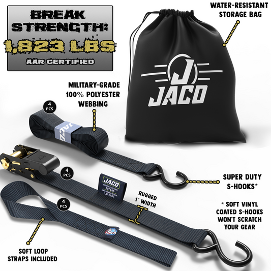 Jaco Tie Down Ratchet Straps (4 Pack) - 1 in x 15 ft | AAR Certified Break Strength (1,823 lbs) | Cargo Tie Down Set