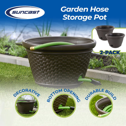 Suncast 100 Foot Resin Wicker Garden Water Hose Storage Holder Pot (2 Pack) - Angler's Pro Tackle & Outdoors