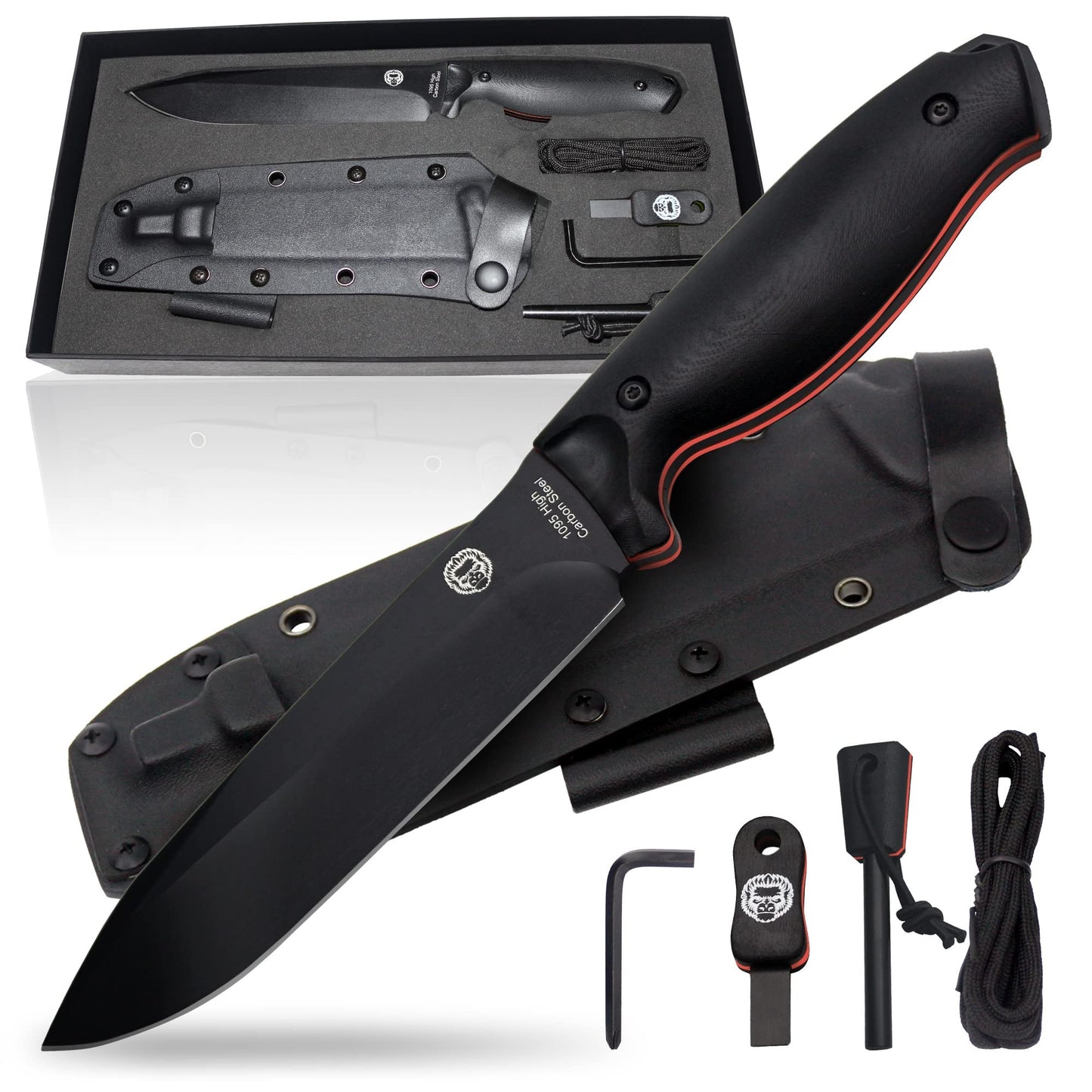 Holtzman's Gorilla Survival "The Fireline" Bushcraft Survival Knife with 1095 High Carbon Blade Giftset (Black and Orange)